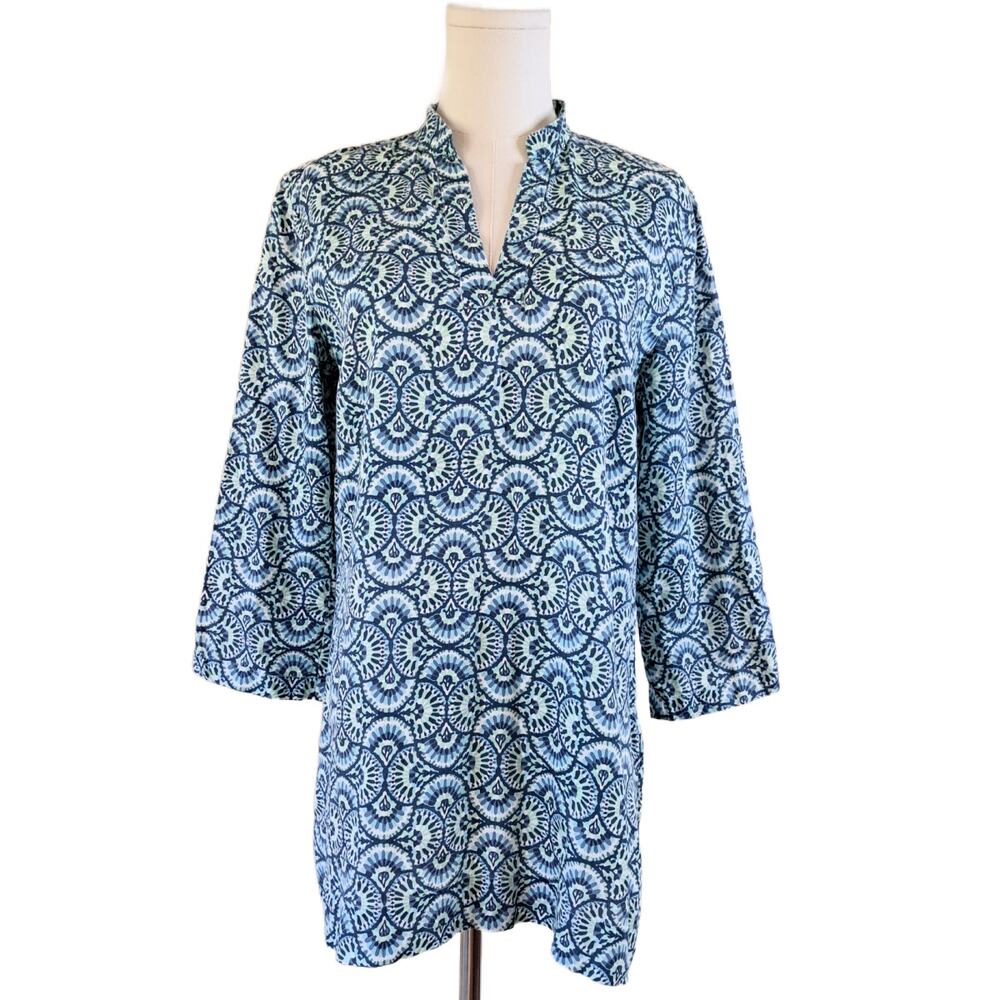 Brooks Brothers 346 Cotton Tunic Top Medium Aqua Blue Medallion Print Split Neck